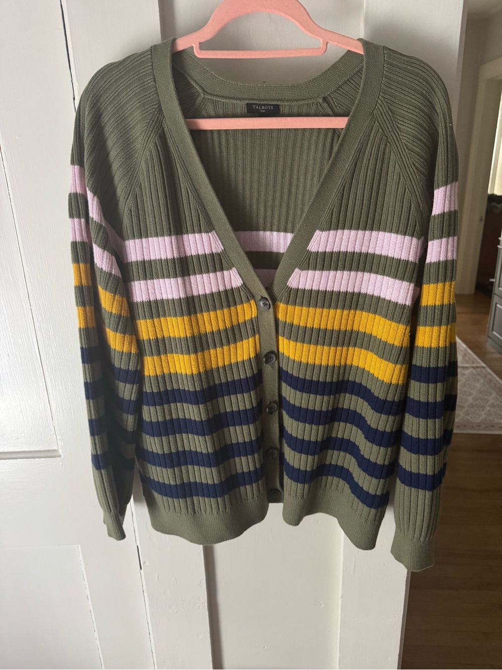 Talbots Olive Striped Ribbed V-Neck Cardigan with Pink, Mustard & Navy